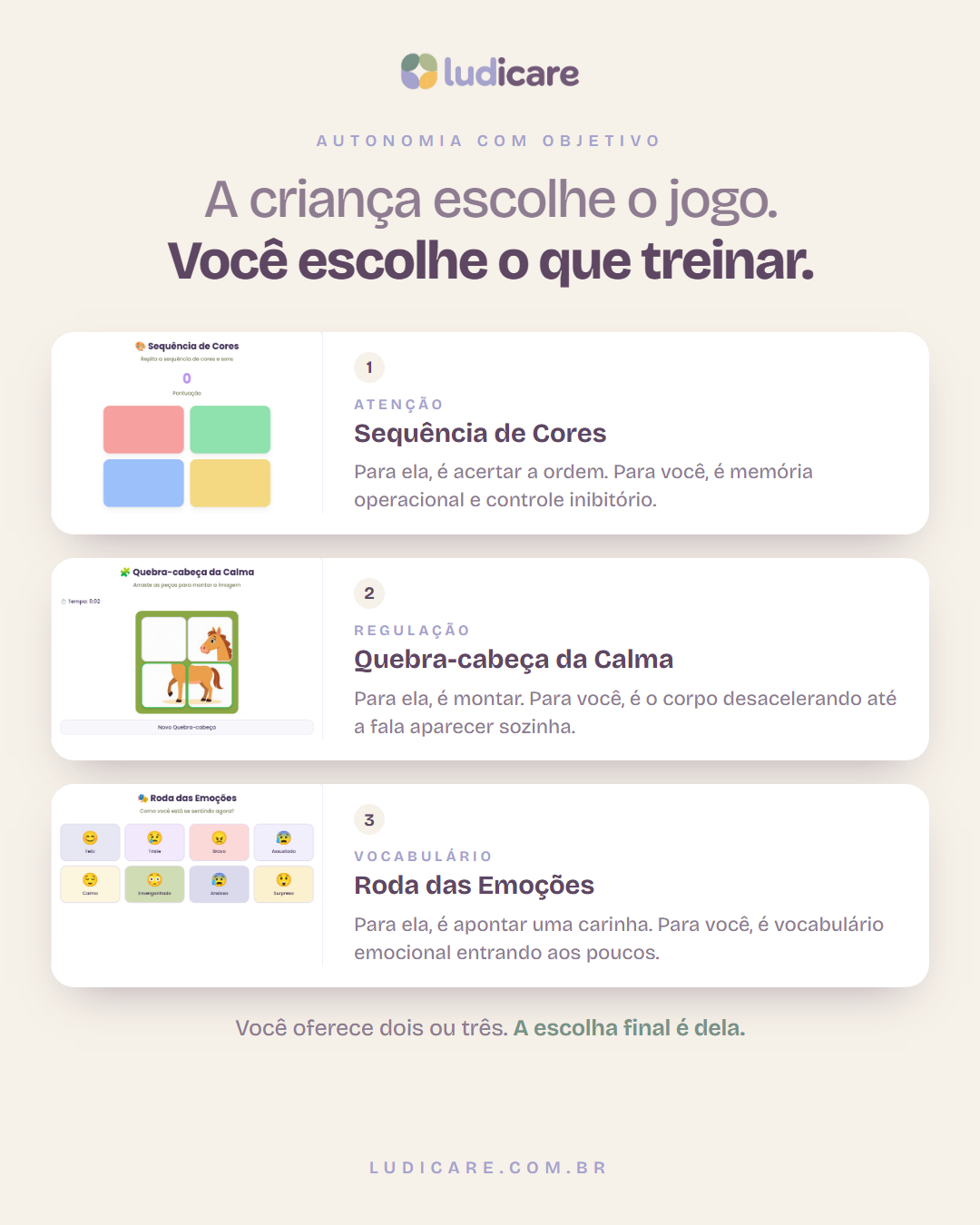 A criança escolhe o jogo. Você escolhe o que treinar.